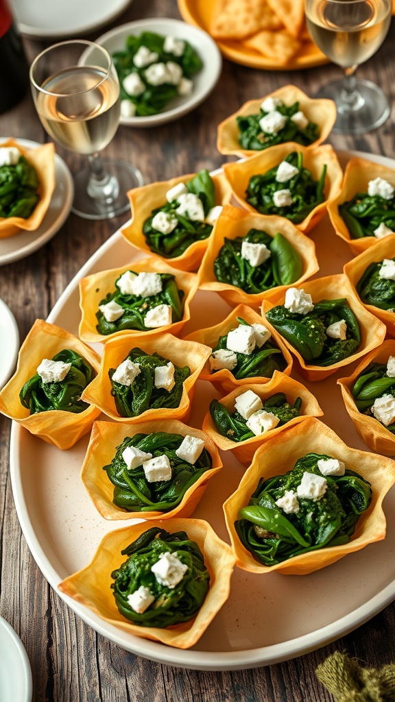 A delicious assortment of spinach and feta phyllo cups on a wooden platter, ready to be served.